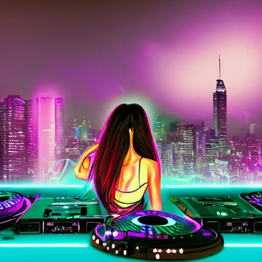 Prompt: photographic masterpiece of a dj woman, long dark purple hair, focus eyes, neon lights, city skyline in the background, summer night, canon 50mm, 1.8 aperture, artstation, by Danny Batista