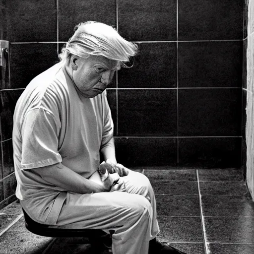 Image similar to a disheveled Donald Trump crying profusely in prison clothing sitting on a toilet in prison. wide angle. The floor is covered in garbage. candid photograph.