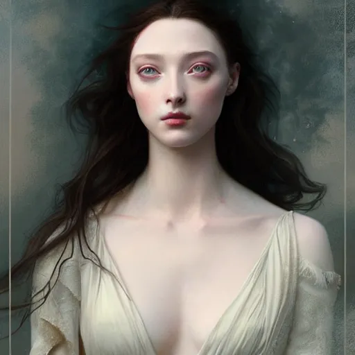 Prompt: beautiful striking Pre-Raphaelite Emma Dumont by Artgerm and Greg Rutkowski, pale, intricate, elegant, highly detailed, digital painting