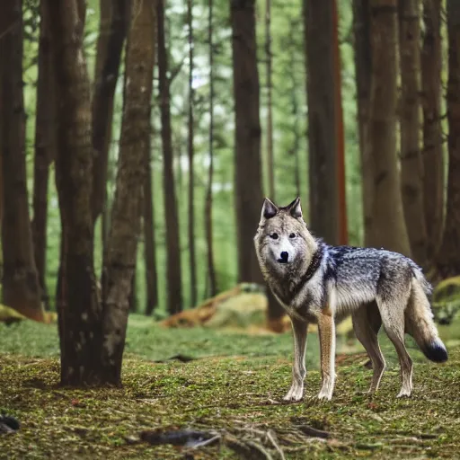 Image similar to A wolf roaming in the forest, EOS-1D, f/1.4, ISO 200, 1/160s, 8K, RAW, unedited, symmetrical balance, in-frame