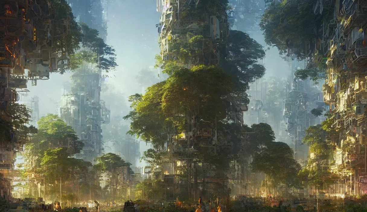 Prompt: detailed intricate digital illustration of solarpunk city landscape, colorful trees, light skyscrapers with plants on them, bright hopeful vivid beautiful color grading, trending on art station 4 k, art by greg rutkowski and jmw turner