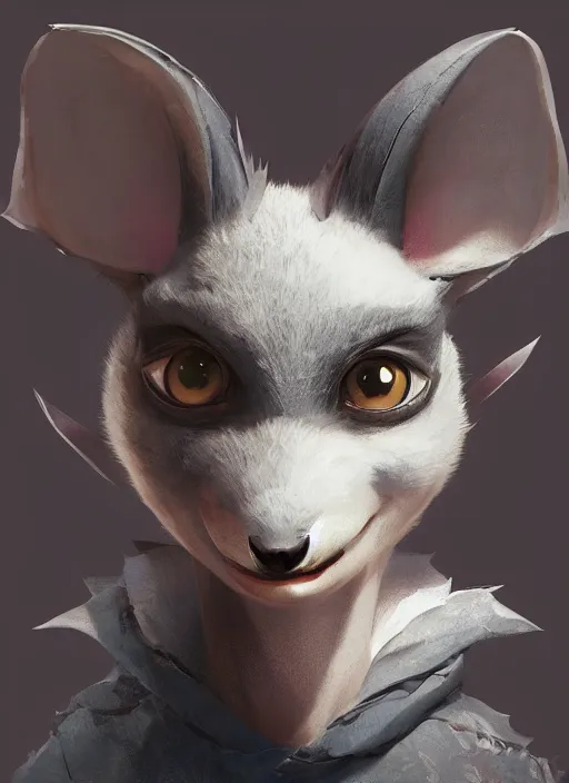 Image similar to a beautiful half body portrait of a cute anthropomorphic bat fursona. big eyes. character design by cory loftis, fenghua zhong, ryohei hase, ismail inceoglu and ruan jia. volumetric light, detailed, rendered in octane