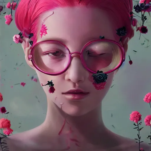 Image similar to a portrait of a woman with pink hair surrounded by flowers, cyberpunk art by otomo katsuhiro and mark ryden, cgsociety, computer art, circuitry, dystopian art, academic art insanely quality, highly detailed, masterpiece, red light, artstation, 4 k