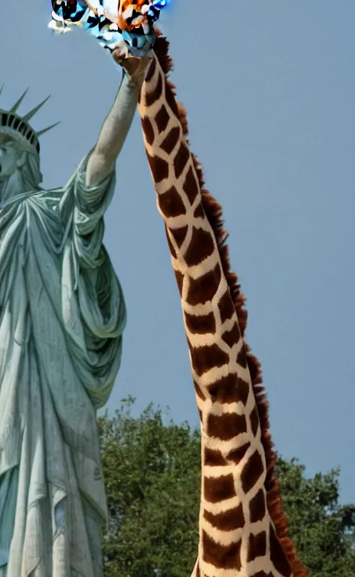 Image similar to A giraffe as a Statue of liberty