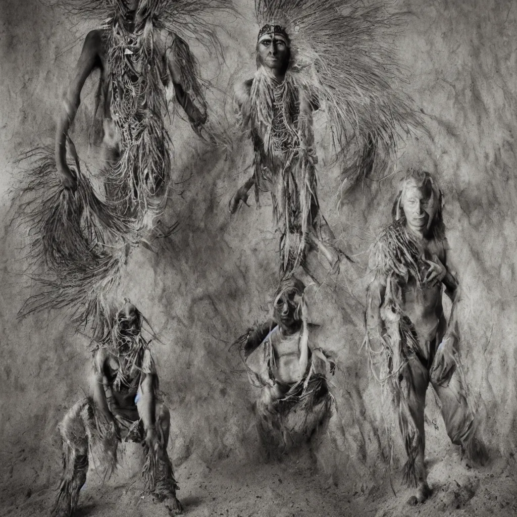 Prompt: photography, full body portrait of indigenous spiritual healer shaman in underworld, biotecture sandstorm dust mountain temple spirits shadows ritual, sebastiao salgado, cindy sherman, ernst haeckel