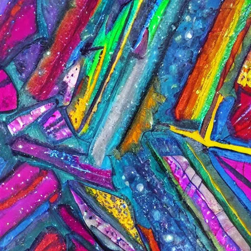 Image similar to Colourful crystals piercing through the walls of a dark gloomy stone cavern 🎨🖌️