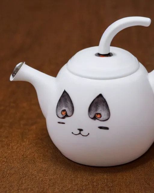 Image similar to a creepy white porcelain tea kettle, with it's lid shaped like a creepy happy cat head, it's handle shaped like a cat tail and it's spout in the shape of the cat paws, at the end of the spot there is a gray mouse. hyperreal, and intricately detailed