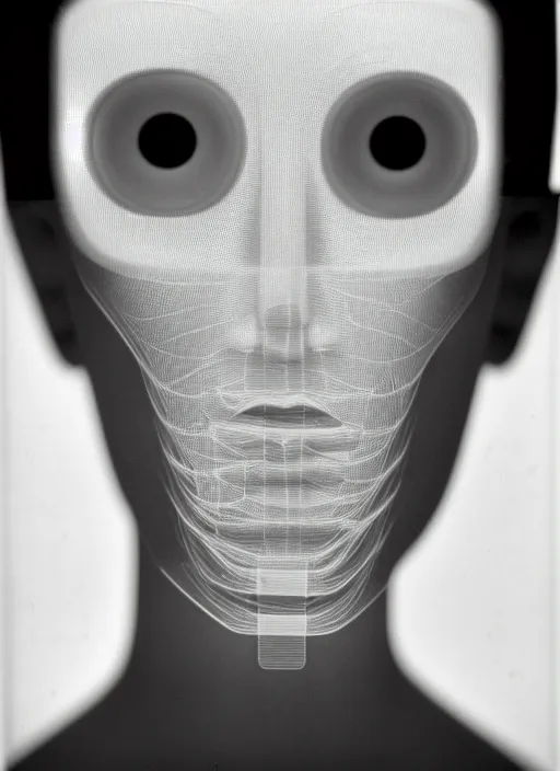 Image similar to realistic object photo of a face made pure transparent plastic white, bokeh, grain, man ray, x - ray, electronic microscope, front view, symmetric 1 9 9 0, life magazine photo