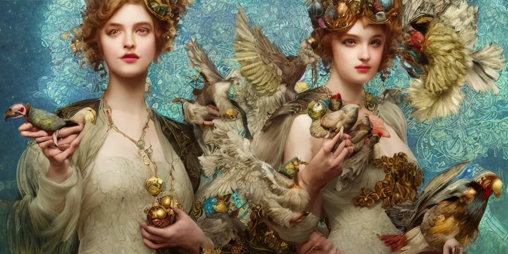 Prompt: zoom in 3 d render of english princess holding birds, ornaments, mucha vibe, dieselpunk, solarpunk, artstation, andrei riabovitchev