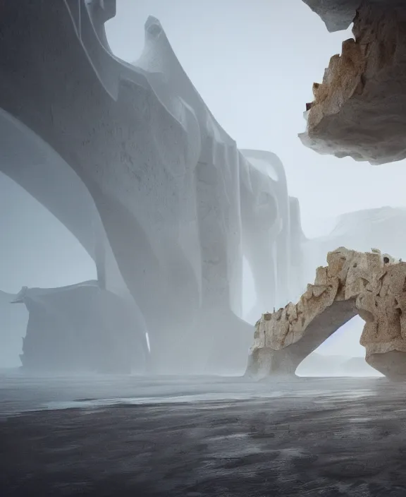 Image similar to surreal romantic prometheus inverted architecture white exploration base, ochre ancient palette, building architecture by ruan jia, futuristic, blame, white architecture in the beach in iceland, foggy, highly detailed, digital painting, arstation, concept art, hyperealistic octane render, unreal engine