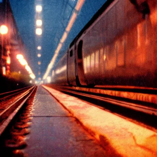 Image similar to 1990s perfect 8K HD professional cinematic photo of a train in dystopian city, at evening during rain, at instagram, Behance, Adobe Lightroom, with instagram filters, depth of field, taken with polaroid kodak portra