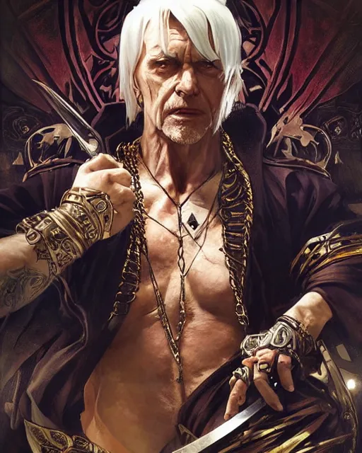 Prompt: The King of Thieves, Dnd Boss, Daggers, Scars, Eyepatch, Broken Gold Shackles, Broken Halo, Tattoos, by artgerm and greg rutkowski and alphonse mucha