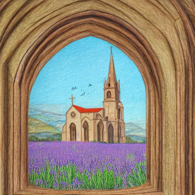 Prompt: abandoned gothic church near a lavander field mediterranean landscape, colored pencil drawing