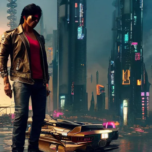 Image similar to full-frame of Shah Rukh Khan, wearing a brown leather-jacket, as a character from Cyberpunk 2077, looking at camera, intricate, sci-fi, extremely detailed, in the background cyperpunk-2077-city, concept art, artstation