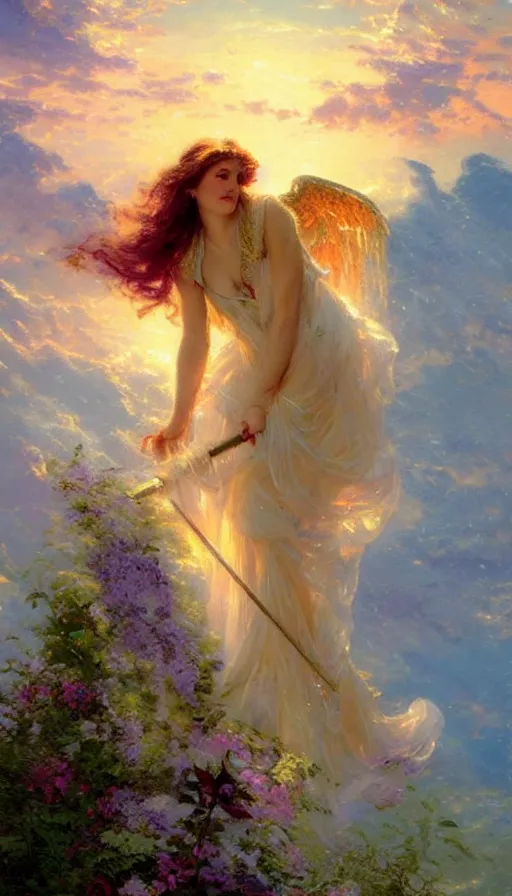 Prompt: Angel girl warrior by Thomas Kinkade and Daniel F. Gerhartz and Delphin Enjolras