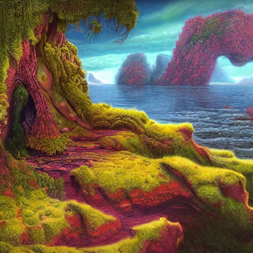 Image similar to digital painting of a lush natural scene on an alien planet by gerald brom. digital render. detailed. beautiful landscape. colourful weird vegetation. cliffs and water.