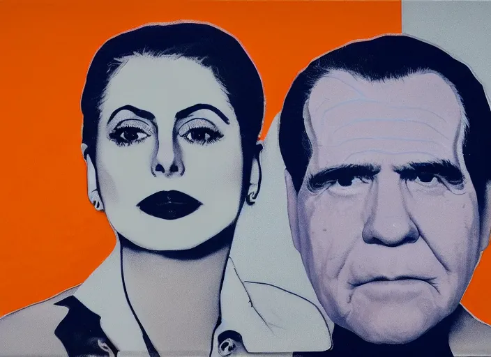 Image similar to Morena Baccarin and Richard Nixon doing Heroin by Andy Warhol, oil on Canvas, fine details, 4K Studio photo