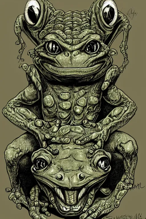 Image similar to frog goblin, symmetrical, goblin, highly detailed, digital art, sharp focus, trending on art station, kentaro miura manga art style