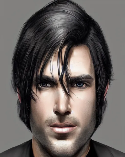 Prompt: portrait of tall, 3 3 - year - old handsome man with long dirty black hair, and ice grey eyes, wearing black clothes, no beard, hyper realistic face, beautiful eyes, character art, art by mark brooks, hyperdetailed, cryengine, trending on artstation, digital art