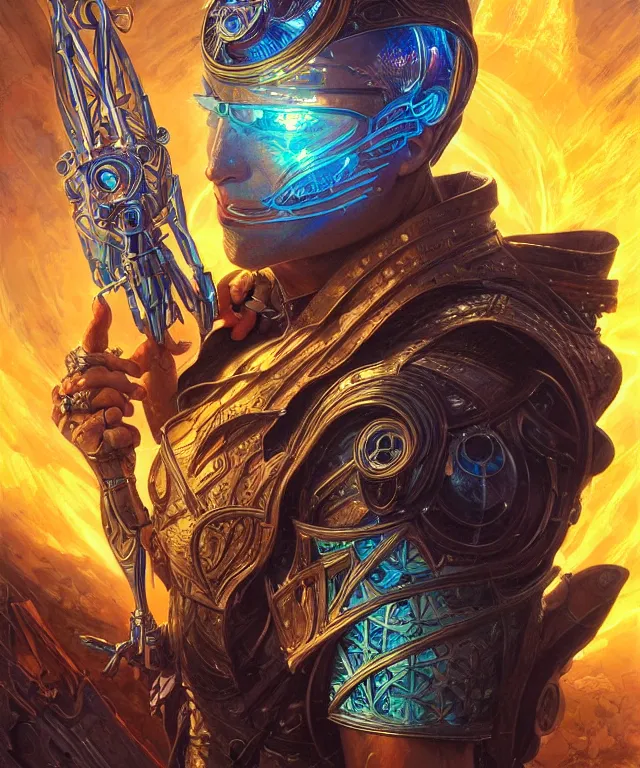 Image similar to a beautiful tarot card artwork of a cyberpunk crystal paladin, backlit, dazzling, highly detailed, digital painting, by karol bak and eddie mendoza and dan mumford and artgerm, vivid colors, masterpiece, detailed shading, 8 k resolution, intricate, smooth