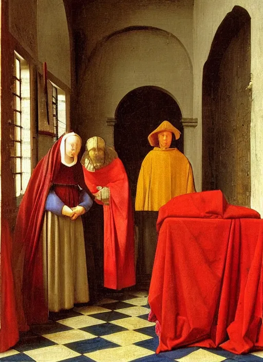 Image similar to red cloth of the floor, medieval painting by jan van eyck, johannes vermeer, florence
