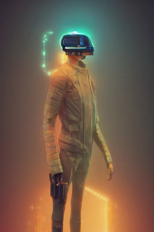 Prompt: full body peacemaker, blade runner 2 0 4 9, scorched earth, cassette futurism, modular synthesizer helmet, the grand budapest hotel, glow, digital art, artstation, pop art, by hsiao - ron cheng