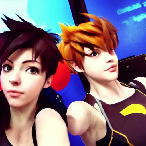 Image similar to tracer from overwatch smartphone selfie with friends