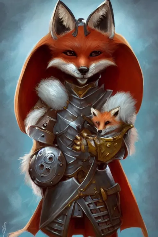 Image similar to cute little anthropomorphic foxy knight wearing a cape and a crown, tiny, small, miniature fox, baby animal, short, pale blue armor, cute and adorable, pretty, beautiful, DnD character art portrait, matte fantasy painting, DeviantArt Artstation, by Jason Felix by Steve Argyle by Tyler Jacobson by Peter Mohrbacher, cinematic lighting