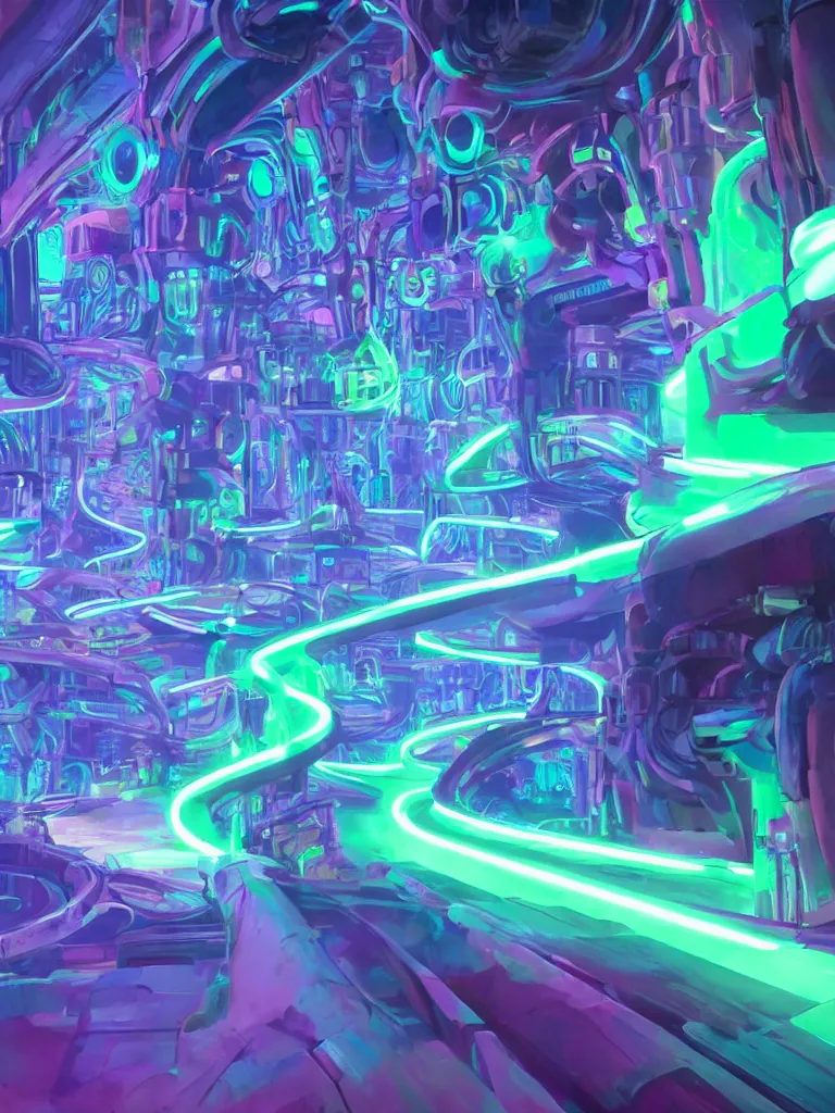 Image similar to glowing neon fluid flowing through mekanism pipes by disney concept artists, blunt borders, rule of thirds