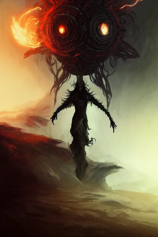 Prompt: Black Orb of Fire, digital art, fantasy, magic, trending on artstation, illustration by Seb McKinnon and Peter Mohrbacher, ultra detailed, atmospheric, powerful presence, bossfight, darksouls, grand finale, explosive entrance, final battle, cutscene, cinematic lighting, beautiful goddess