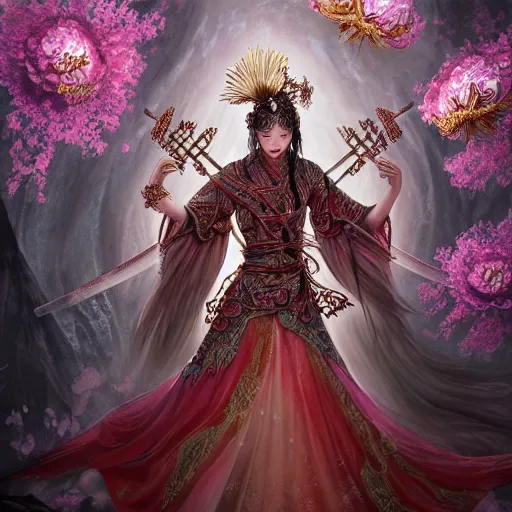 Image similar to beautiful ancient fantasy portrait of wuxia armor heroine, wearing Xian Xia wardrobe, in forbidden City, hybrid from Dynasty Warriror, flowers sea rainning everywhere, intricate, very very beautiful, elegant, highly detailed, digital painting, beautiful glowing galaxy eyes, human anatomy, hyperrealistic, soft light, dynamic, artbreeder, artstation, fantasy concept art, smooth, sharp focus, illustration, art by tian zi and alphonse mucha and WLOP