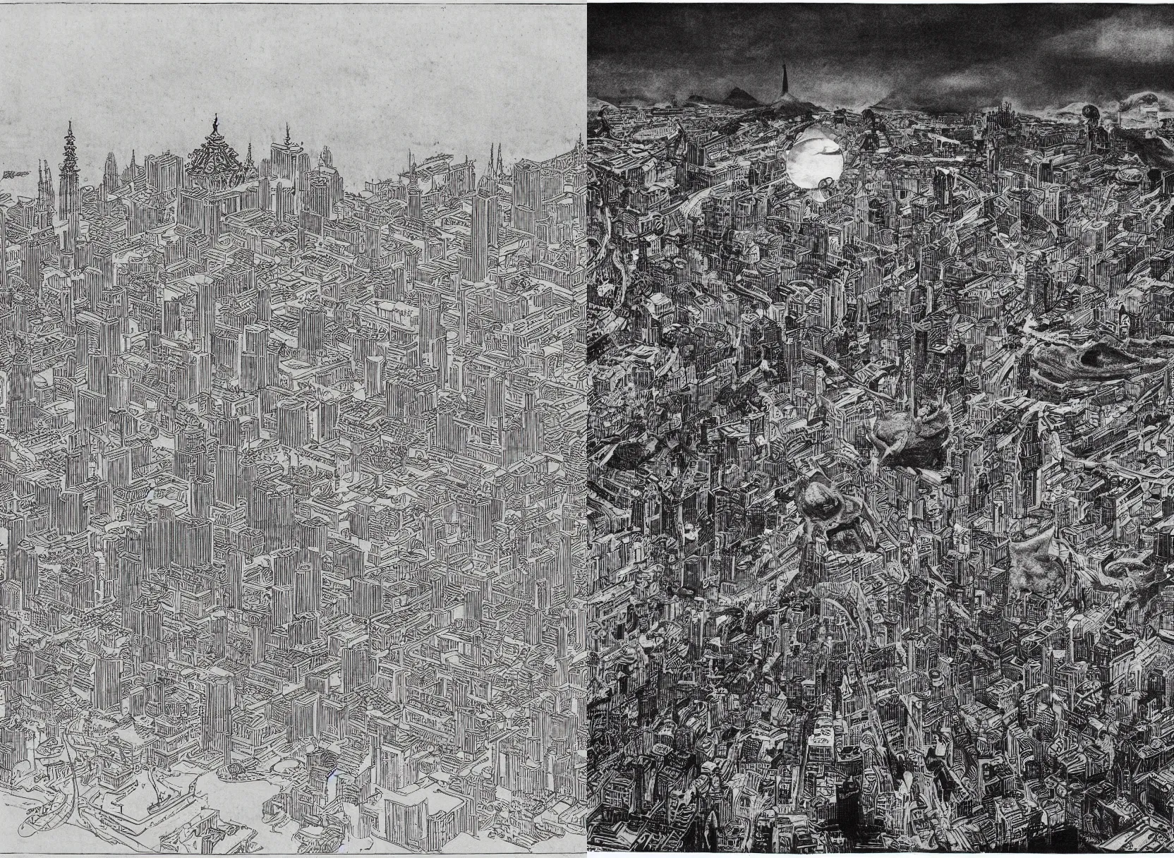 Prompt: a goryeo budhist painting of Pulgasari the Kaiju Starfish Monster over a city skyline, dramatic cinematography by Fritz Lang and Orson Welles, etching and film stock