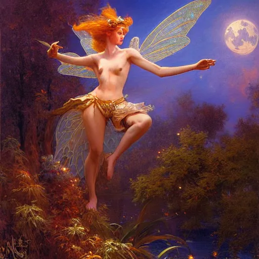 Image similar to attractive fairy magically floating high in the night, fantasy, full moon in background. highly detailed painting by gaston bussiere, craig mullins, j. c. leyendecker, mid shot, 8 k