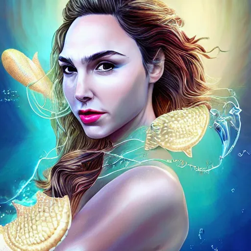 Image similar to “ gal gadot portrait, fantasy, mermaid, hyperrealistic, game character, underwater,, highly detailed, cinematic lighting, pearls, glowing hair, shells, gills, crown, water, highlights, starfish, goddess, jewelry, realistic, digital art, pastel, magic, fiction, ocean, queen, colorful hair, sparkly eyes, fish, heroic, waves, bubbles ”