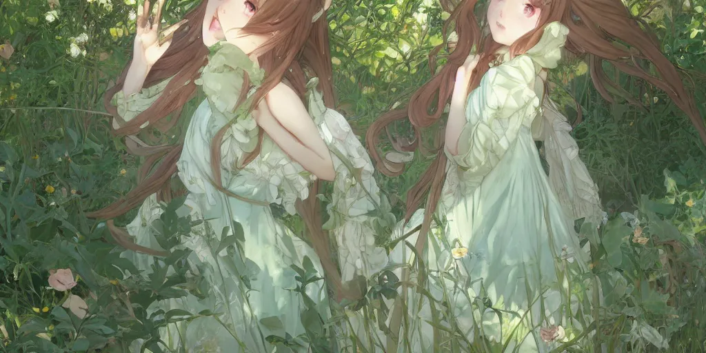 Prompt: a digital art of a loli with long hair in a dress in the privet garden at after noon, green and warm theme, by krenz cushart and mucha and akihito yoshida and greg rutkowski, detailed eyes, 4 k resolution 、 trending on art station