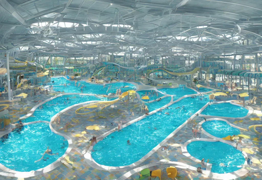 Image similar to a giant indoor pool area with no windows, tiles on floor, walls, and ceiling, water slides twist round, photo realistic