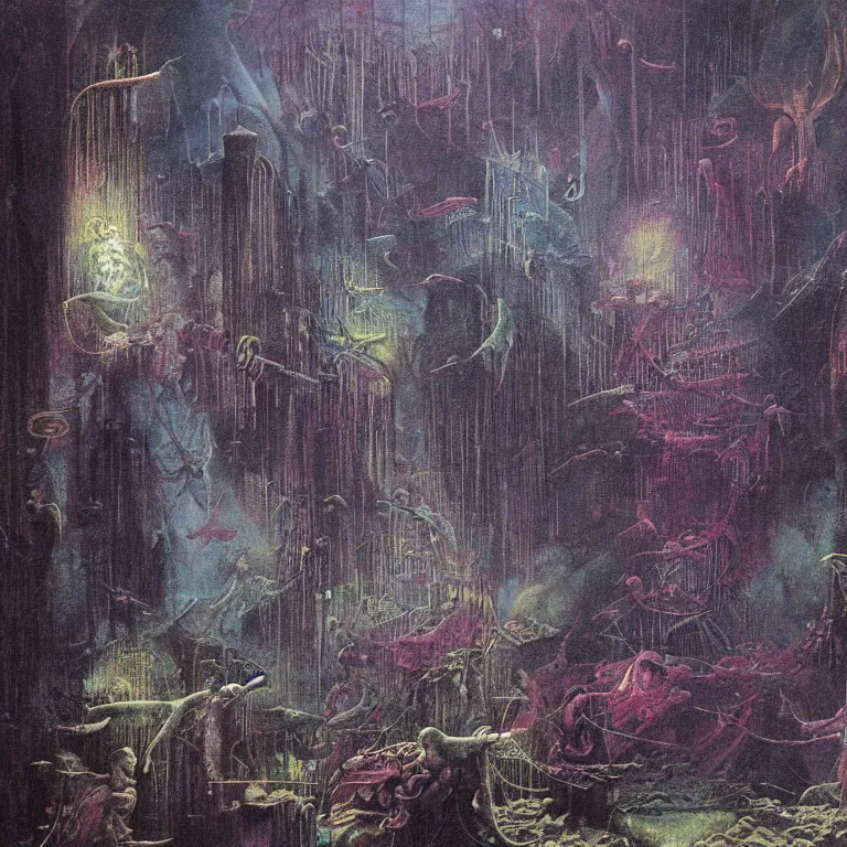 Image similar to a misty sunday morning in the underworld, by mordecai ardon and wayne barlowe (art nouveau diorama)