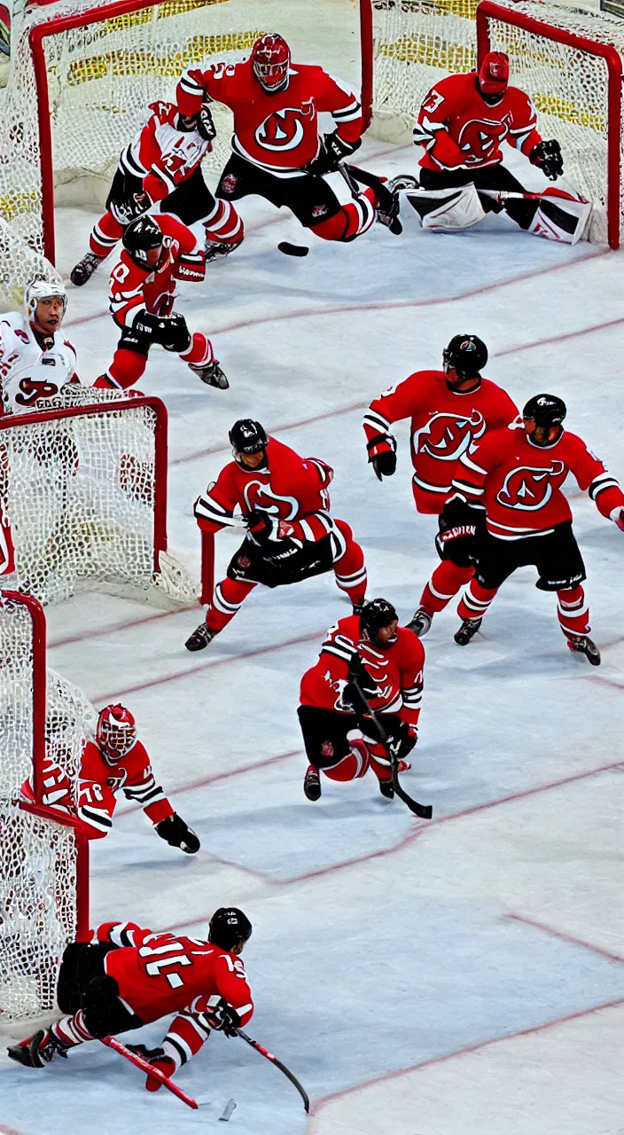 Image similar to 3 5 mm photograph of the new jersey devils hockey team scoring goals, realistic, highly detailed, color