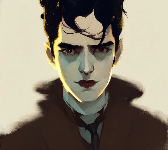 Image similar to portrait victorian man with black hair and yellow eyes, by atey ghailan, by greg rutkowski, by greg tocchini, by james gilleard, by joe fenton, by kaethe butcher, by ashley wood, dynamic lighting, gradient light blue, brown, blonde cream and white color scheme, grunge aesthetic