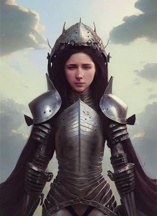 Image similar to highly detailed portrait of a beautiful sensual female wearing a knight armor, stephen bliss, 8 k, unreal engine, fantasy art by greg rutkowski, loish, rhads, ferdinand knab, makoto shinkai and lois van baarle, ilya kuvshinov, rossdraws, tom bagshaw, global illumination, radiant light, detailed and intricate environment