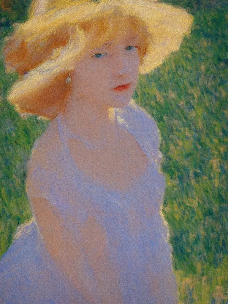 Prompt: portrait of < zelda fitzgerald >, blurry face, fair, slim, fair, severe out of focus, pleinairism, in the sun, backlit, closeup, oil on canvas, atr by monet, smooth, impressionnisme, 8 k