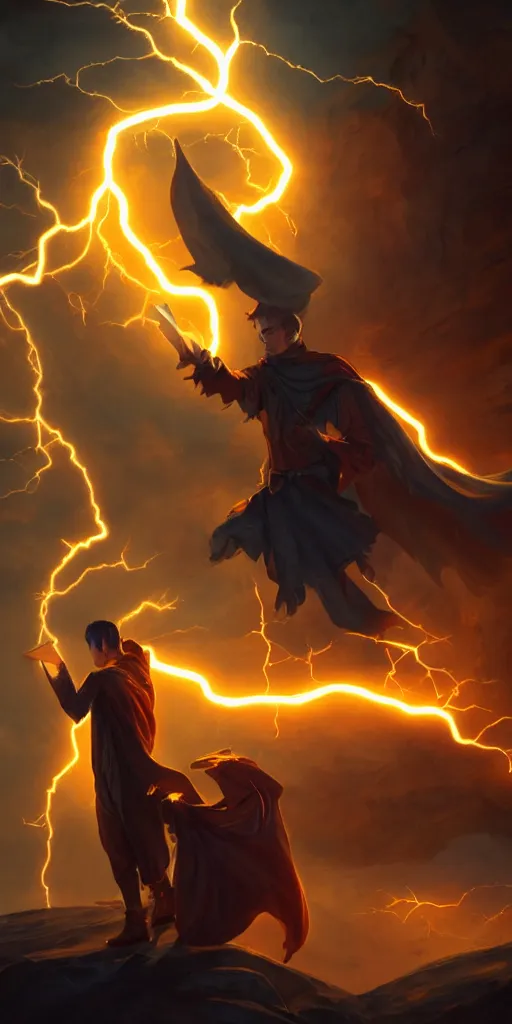 Prompt: A mage stands reading a spell book, as he reads the words a lightning bolt shoots from his hands. Magic, orange lighting, flux. High fantasy, digital painting, HD, 4k, detailed.