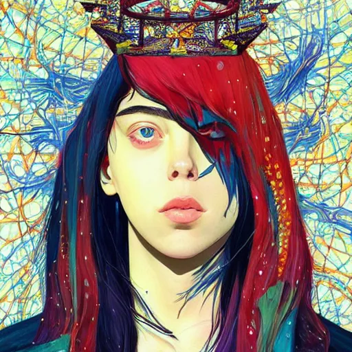 Prompt: closeup : beautiful breathtaking young billie eilish as the empress of the universe sits on stellar throne. illustration by james jean and satoshi kon and erik jones, inspired by evangelion, smooth feature, intricate oil painting, high detail illustration, sharp high detail