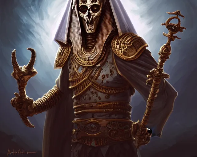 Image similar to an undead desert lich pharaoh, holding a goat head staff, egyptian, beetle, deep focus, d & d, fantasy, intricate, elegant, highly detailed, digital painting, artstation, concept art, matte, sharp, illustration, hearthstone, art by artgerm and greg rutkowski and alphonse mucha