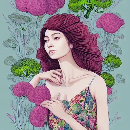 Image similar to the portrait of an unbelievably beautiful, elegant, and sophicated young woman partially made of broccoli pensively gazing into the distance, an ultrafine detailed illustration by james jean, intricate linework, bright colors, final fantasy, behance contest winner, vanitas, angular, altermodern, unreal engine 5 highly rendered, global illumination, radiant light, detailed and intricate environment