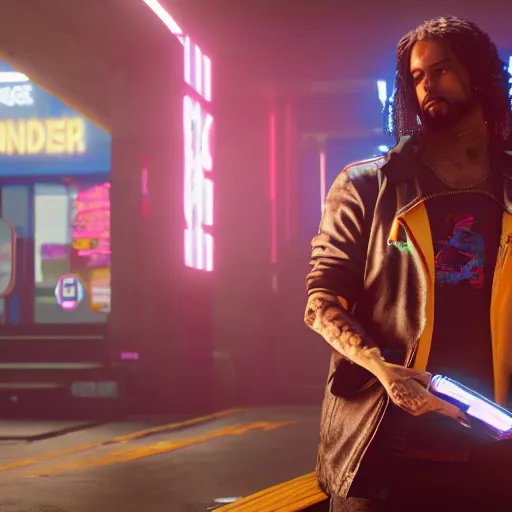 Image similar to stoned pizza dude Cyberpunk 2077. CP2077. 3840 x 2160