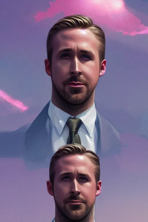 Image similar to ryan gosling robotic clothes in the beach purple sun, pink lighting ultra realistic photorealistic highly detailed high quality, a stunningly, digital painting, artstation, concept art, smooth, sharp focus, illustration, art by artgerm and greg rutkowski and alphonse mucha 8 k