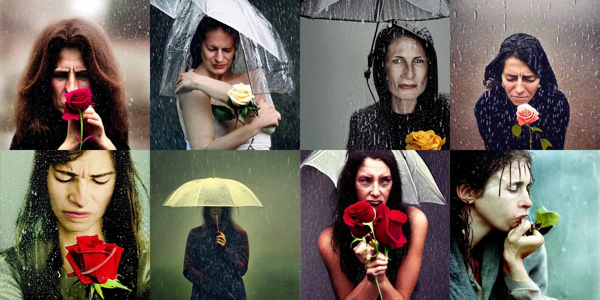 Prompt: a photo of a teary - eyed women clutching a rose in the rain, photorealistic, photo by annie leibovitz