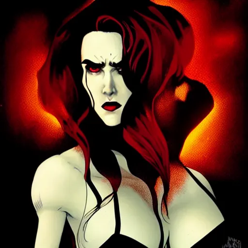 Prompt: in the style of Rafael Albuquerque comicbook cover art, beautiful scary female vampire, Jennifer Connelly, glowing red and gold hair, smiling, sharp teeth, clear clean face, two perfect eyes, perfect eyes perfect symmetrical eyes, symmetrical face, sarcastic pose, dark and smoky background