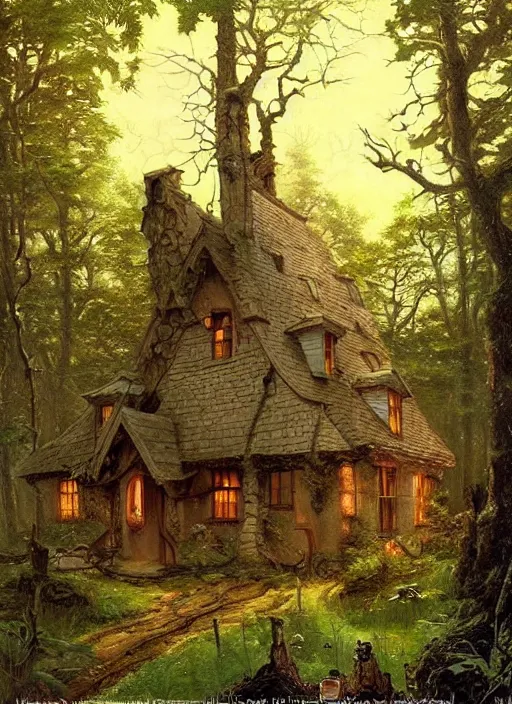 Image similar to hyper realistic homely witch cottage rococo in the woods gorgeous lighting, highly detailed, lush forest painting by norman rockwell, james gurney zdzisław beksinski and norman rockwell and greg rutkowskiweta studio